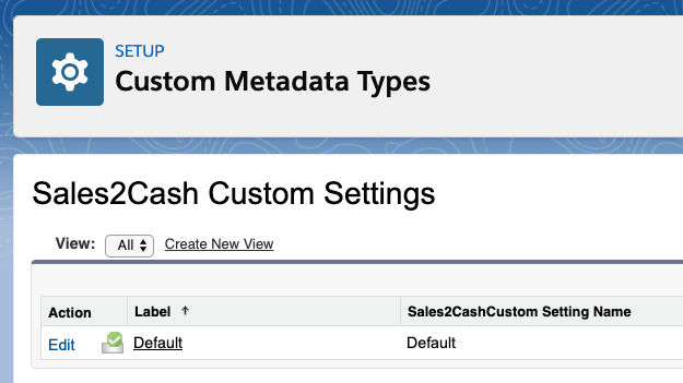 The image is a screenshot of the Sales2Cash app, showing the setup window with custom metadata types.