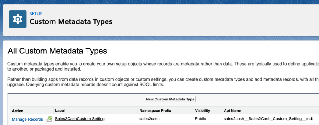 The image is a screenshot of the Sales2Cash app, showing the setup window with custom metadata types.